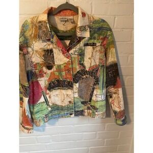 Chicos Linen Cotton Artsy Abstract Face Art Print Button Up Jacket Women Size 1